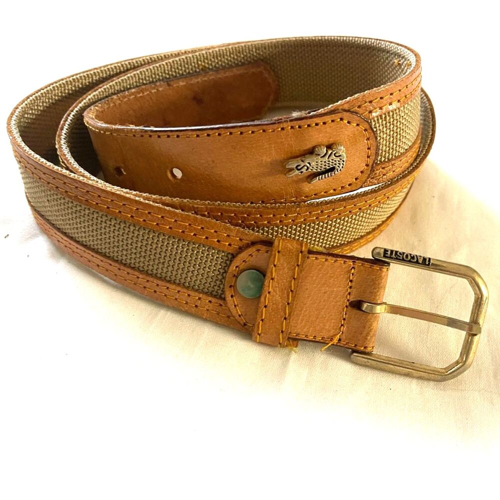 Vintage Lacoste belt Tan Leather & Mesh Gold Buckle Alligator Size L